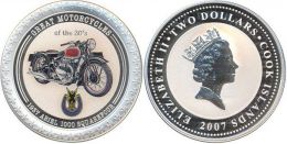 Серебряная монета 2$ "Мотоцикл 1937 Ariel 1000 Squarefour" Острова Кука 2007 г.