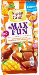 Шоколад Alpen Gold Max Fun манго, ананас, маракуйя, взрывная карамель, шипучие шарики