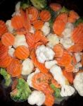 Овощи на сковороде. Видно, что моркови больше всего, а брокколи маловато. Замороженные овощи Родная кухня Смесь с брокколи