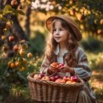 Девочка собирает яблоки