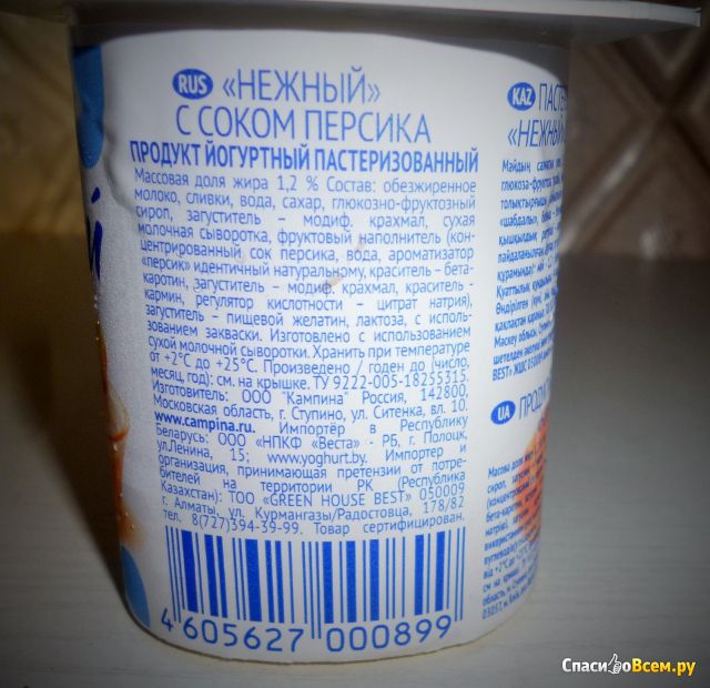 Йогурт Campina Нежный с соком персика 1,2%