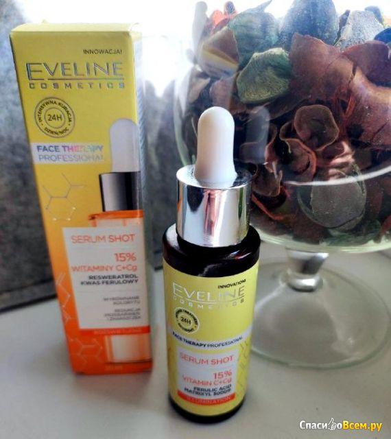 Сыворотка для лица с эффектом сияния Eveline 15% Vitamin C+Cg resveratrol ferulic acid Serum Shot