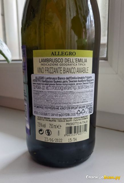 Вино Lambrusco dell Emilia IGT Bianco Amabile Frizzante "Allegro"