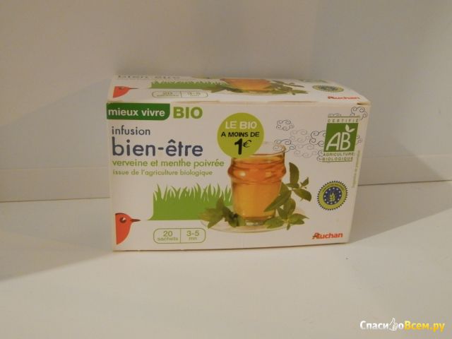 Зеленый чай Auchan "Mieux vivre infusion bien-etre verveine et menthe" со вкусом вербены и мяты